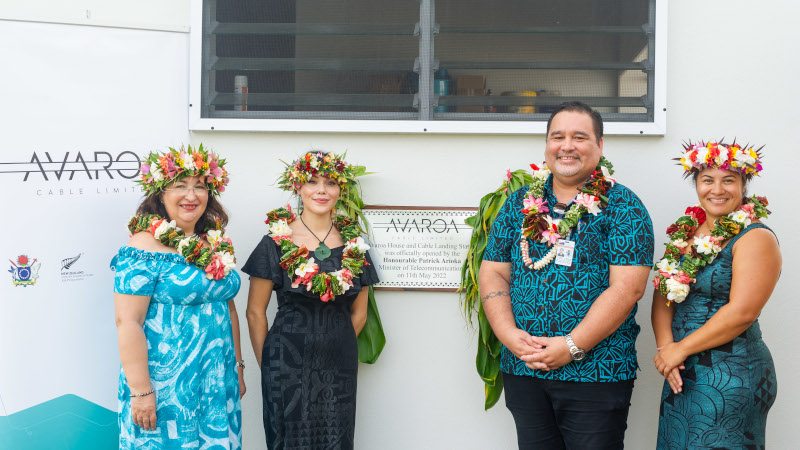 Left to right: ACL Board Chair Tatiana Burn, NZ High Commissioner to the Cook Islands Tui Dewes, Honourable Patrick Arioka – Minister of Telecommunications, and ADB Senior Country Officer Lavinia Tama at the cable landing station opening in Aroa, Rarotonga, May 2022